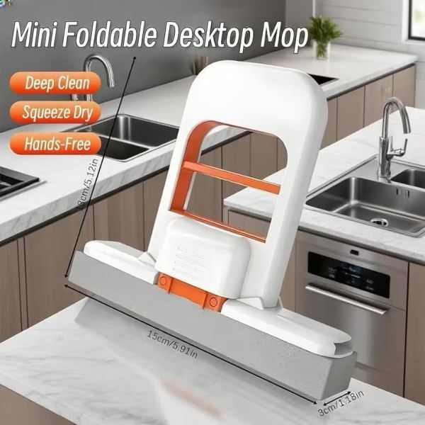 Foldable Mini Sponge Mop | Portable Wet & Dry Cleaning System with Self-Squeezing | Compact Desktop, Kitchen & Bathroom Cleaner - Image 2