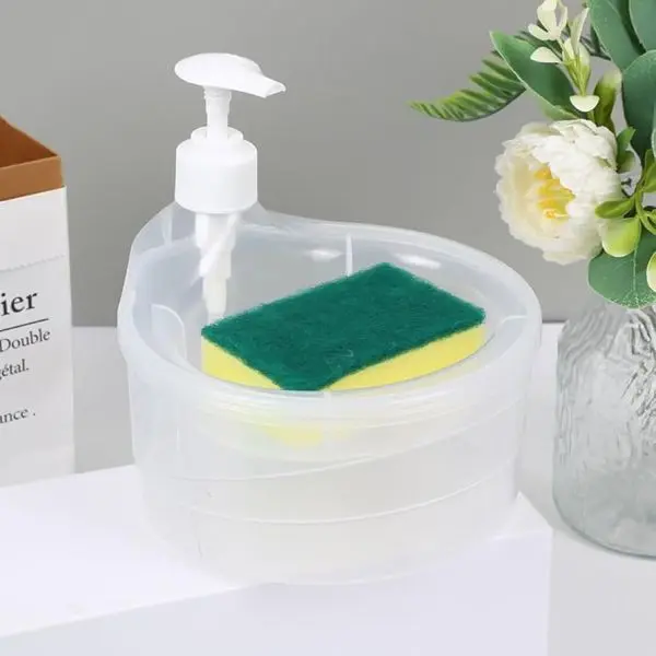 2 in 1 1000 ml Liquid Soap Dispenser with Sponge Holder for Kitchen Sink, Bathroom Counter Storage and Organization, Dish Washing (Transparent) - Image 2