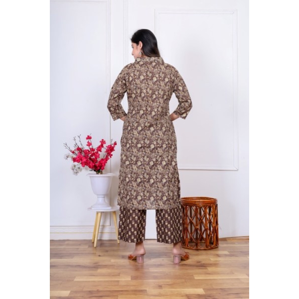 Bisesh Creation Brown V-neck Floral Printed Front Pleated Kurta Pant Shawl Set For Women - Image 4