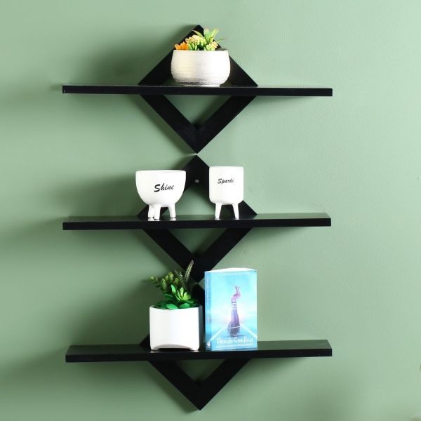 Beautiful Diamond Design Wall Decor Shelf Rack Black (Pack of 3 pcs) - Image 2