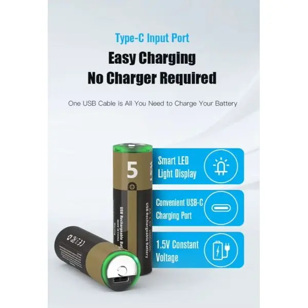 AA & AAA 1.5V USB Rechargeable Lithium Battery – 2800mAh / 800mWh | Type-C Fast Charging - Image 4