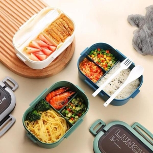1200ml Lunch Bento Box Foldable Handle Double Layers 2 Tiers with Spoon and Fork