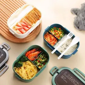 1200ml Lunch Bento Box Foldable Handle Double Layers 2 Tiers with Spoon and Fork