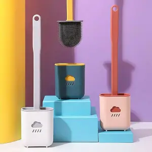 Flat Toilet Brush with Holder Silicone Toilet Bowl Cleaner Brush with Caddy Flexible Non-scratch TPR Bristles for Bathroom Easy Under Rim Cleaning