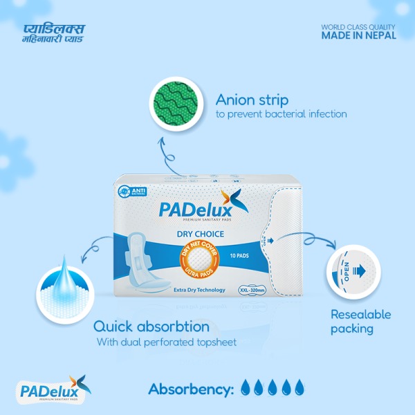 PADelux Antibacterial Sanitary pads Dry Choice 320 mm XL-10 Pads (pack of 6) - Image 2
