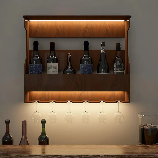 Big Wine And Drinks Decorative Wooden Wall Shelf Mini Bar Cabinet with LED Strong and Wall Hanging in Walnut Finish - Image 5