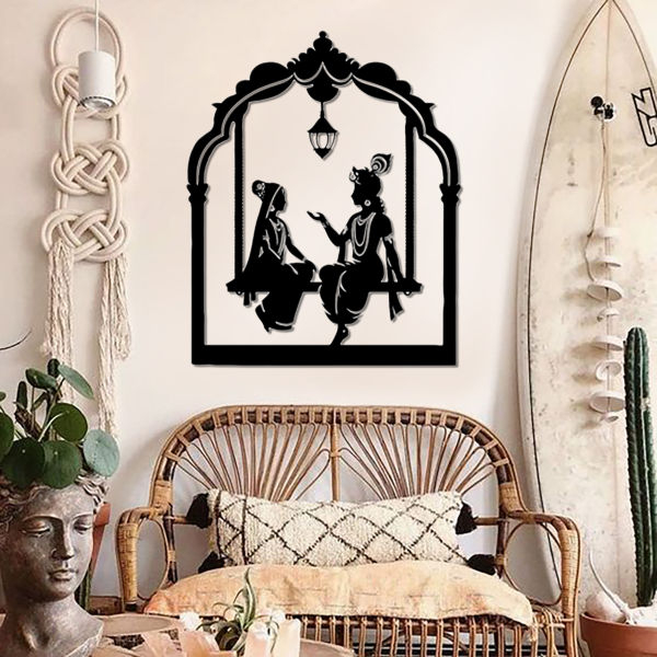 Radha Krishna Wooden Wall Canvas Home Cafe Office Decor with And without LED Options In Black (2ft) - Image 2