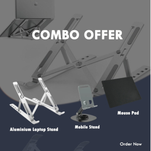 Aluminum Folding Laptop Stand + 360° Mobile Stand + Premium Mouse Pad Combo – Portable & Ergonomic Set for Office & Home