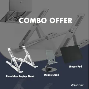 Aluminum Folding Laptop Stand + 360° Mobile Stand + Premium Mouse Pad Combo – Portable & Ergonomic Set for Office & Home