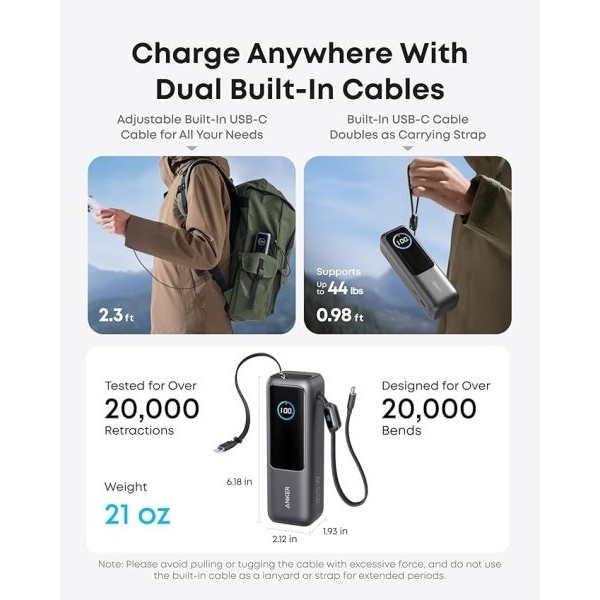 Anker Laptop Power Bank , High Power Multi Device Charging Power Bank 25000 mAh Portable Charger With Triple 100W USB - C Ports , Built - in Retractable Cables , Flight - Approved For Travel - Image 5