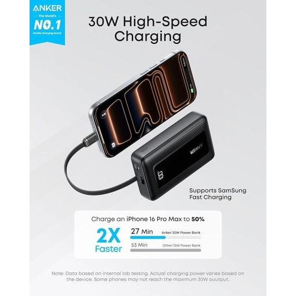 Anker Zolo Power Bank ( 2025 Upgraded Version ) , 20000mAh 30W High - Speed Portable Charger With Built - in USB - C Cable - Image 4