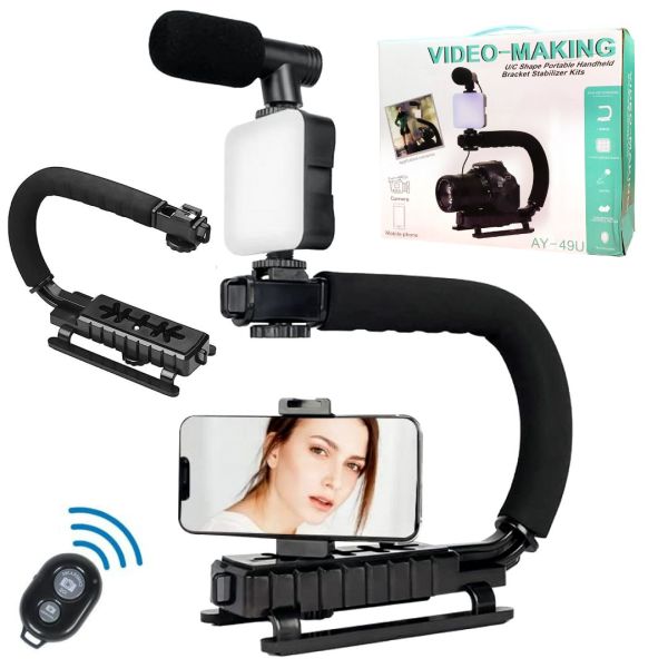 AY-49U C Type Portable Vlog Kit - LED Light Microphone Camera Bracket, Bluetooth Remote - Smartphone Video Making Kit - Image 2