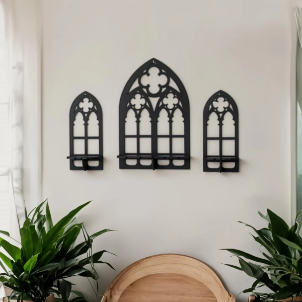 Gothic Wall Shelf Set - Cathedral Arch Wood Shelves for Home Decor, Candles Holder & Pot Stand - Stylish Home Wall Art, Black Wood Wall Shelf ( 3 pc ) - Image 5