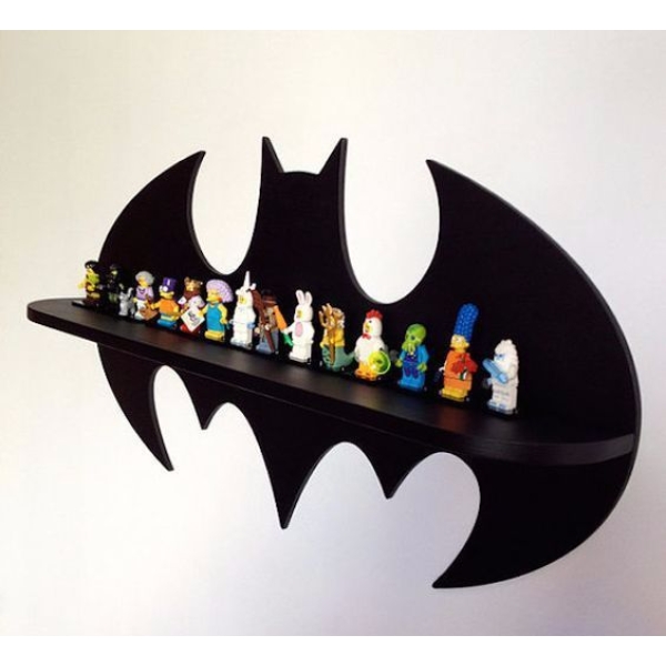 Wooden Batman Design Floating Shelf with Key Holders In Black - Image 2