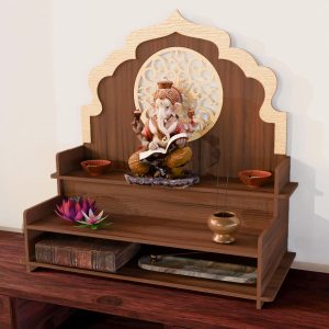 NARMADA Temple | Home Office Wall and Table Mandir with Extra Storage Engineered Wood | Dual Colour Design | No Screw or Bolt Assembly | Wall Mountable | Pooja Temple | Colour: Walnut