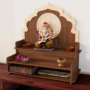 NARMADA Temple | Home Office Wall and Table Mandir with Extra Storage Engineered Wood | Dual Colour Design | No Screw or Bolt Assembly | Wall Mountable | Pooja Temple | Colour: Walnut