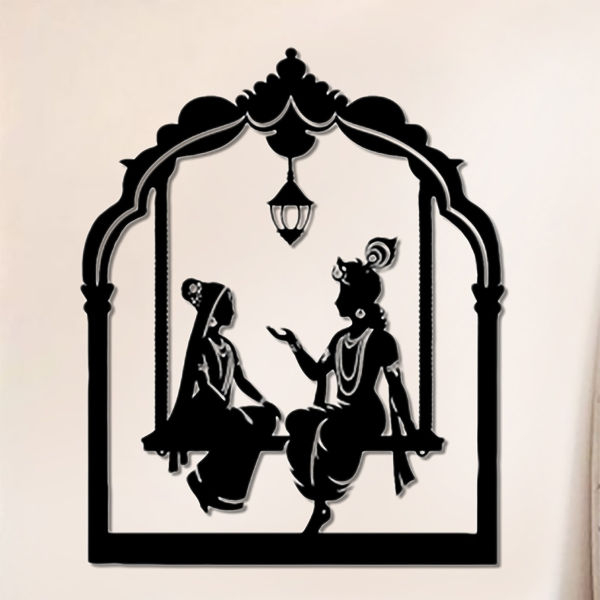 Radha Krishna Wooden Wall Canvas Home Cafe Office Decor with And without LED Options In Black (2ft) - Image 3