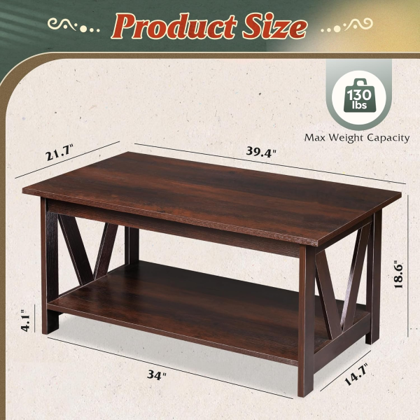 Veera Coffee Table for Living Room, 40" Center Table with V-Frame Support & Storage Shelf, 2-Tier Wood Coffee Tables for Bedroom & Balcony - Image 3