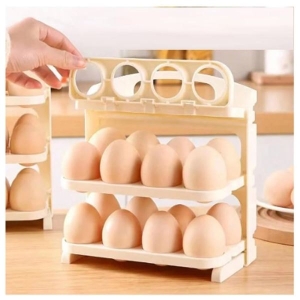 SHOPECOM 3 Layer Plastic Egg Storage Container with 24 Grid Tray for Refrigerator, Easy to Use, White