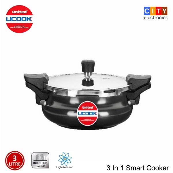 UNITED UCOOK 3 in 1 Smart 3 Litres Hard Anodised Induction Based With Outer Lid Cooker ( Cooker + Strainer + Server ) - Image 2