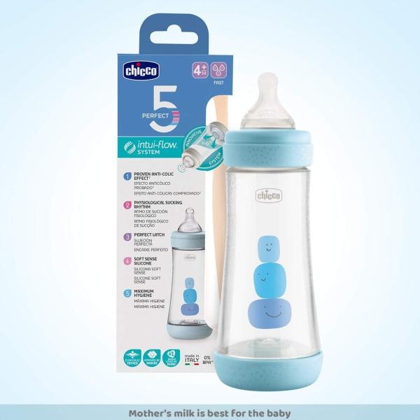 Chicco Perfect 5 300ml Biofunctional Feeding Bottle, Advanced Anti-Colic System, BPA Free, Hygienic Silicone Teat (Blue) - Image 3