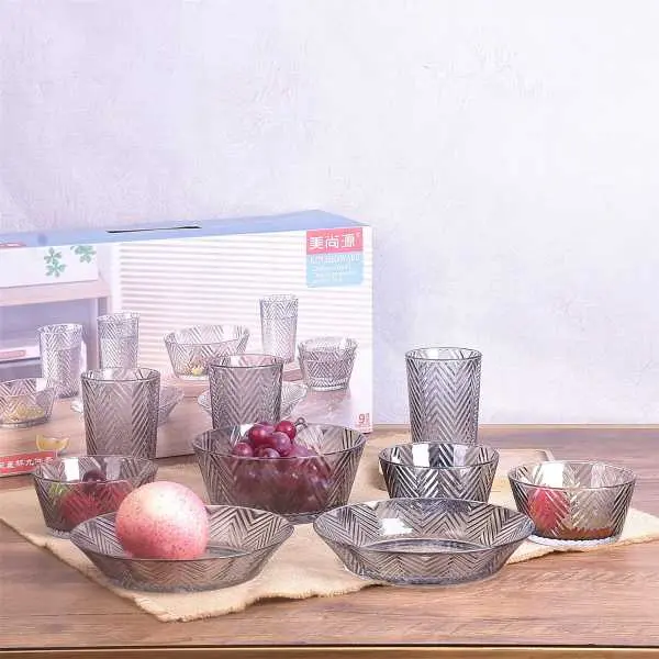 NepLiving Transparent Stripe Glass Bowl and Glasses for Home, Restaurants (850ml*1, 400ml*3, 19.2cm*2, 350ml*3) - Image 2