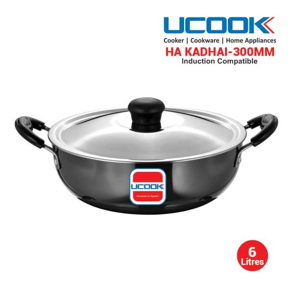 UCOOK Hard Anodised Induction Based Steel Lid Deep Kadhai 6 Litres - Image 2