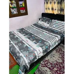 Baby Cartoon Printed Korean King Size Bedsheet With Two Pillow Cases