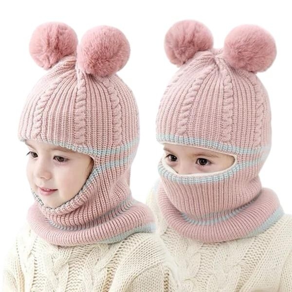 Baby Hats Ring Pompom Knitted Hat for Boys Girls Winter Warm Fleece Cap with Earflaps (Assorted Colour) - Image 2