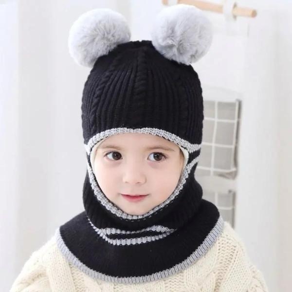 Baby Hats Ring Pompom Knitted Hat for Boys Girls Winter Warm Fleece Cap with Earflaps (Assorted Colour) - Image 4