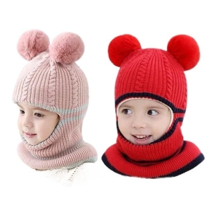 Baby Hats Ring Pompom Knitted Hat for Boys Girls Winter Warm Fleece Cap with Earflaps (Assorted Colour)