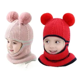 Baby Hats Ring Pompom Knitted Hat for Boys Girls Winter Warm Fleece Cap with Earflaps (Assorted Colour)