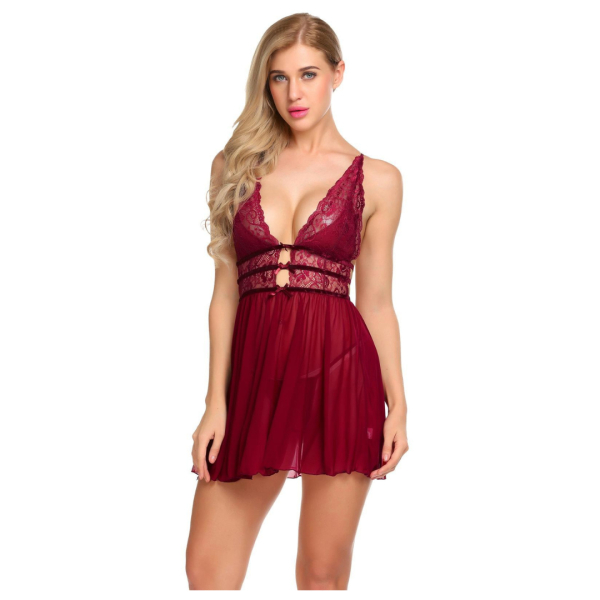 Babydoll Lingerie Above Knee Women Lace Net Floral Nightwear With G String Panty Free Size Maroon Color - Image 2