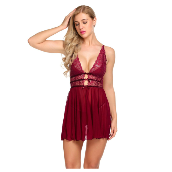 Babydoll Lingerie Above Knee Women Lace Net Floral Nightwear With G String Panty Free Size Maroon Color - Image 3