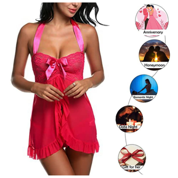 Babydoll Lingerie Above Knee Women Lace Net Floral Nightwear With G String Panty Free Size Pink Color - Image 3