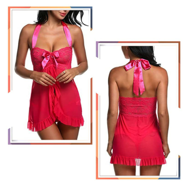 Babydoll Lingerie Above Knee Women Lace Net Floral Nightwear With G String Panty Free Size Pink Color - Image 4