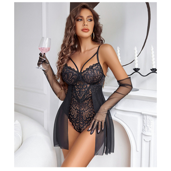 Babydoll Lingerie for Women Floral Snap Crotch Teddy Chemise Nightie Lace Nightgown For Women Free Size Black Color - Image 3