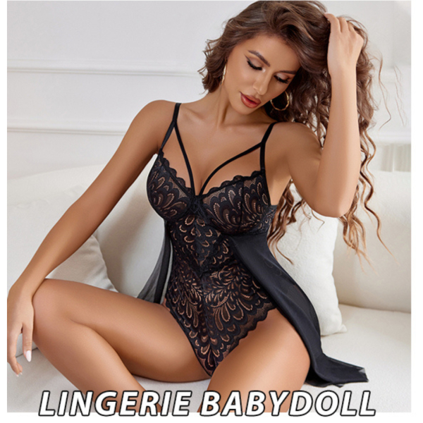 Babydoll Lingerie for Women Floral Snap Crotch Teddy Chemise Nightie Lace Nightgown For Women Free Size Black Color - Image 4