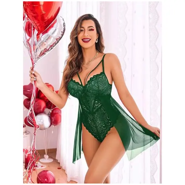 Babydoll Lingerie for Women Floral Snap Crotch Teddy Chemise Nightie Lace Nightgown For Women Free Size Green Color - Image 3