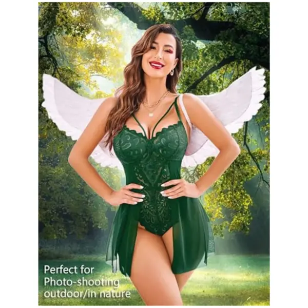 Babydoll Lingerie for Women Floral Snap Crotch Teddy Chemise Nightie Lace Nightgown For Women Free Size Green Color - Image 4