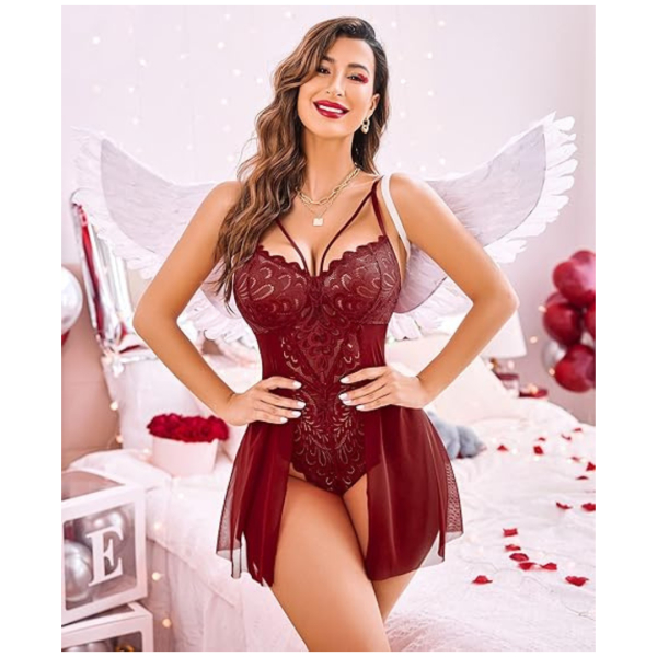 Babydoll Lingerie for Women Floral Snap Crotch Teddy Chemise Nightie Lace Nightgown For Women Free Size Maroon Color - Image 3
