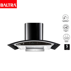 BALTRA Albert Chimney | 90T | High grade stainless steel panel | Black titanium chimney | Tempered glass with 6 mm thickness | Smoke sensor | Hand sensor and touch control | Auto heat clean function | 100% pure copper motor | Suction: 1200 cubic mtr/hour