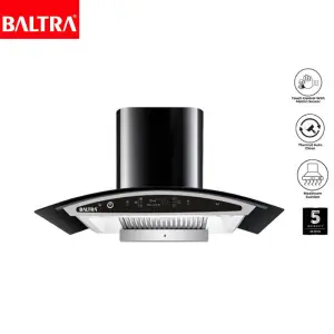 BALTRA Albert Chimney | 90T | High grade stainless steel panel | Black titanium chimney | Tempered glass with 6 mm thickness | Smoke sensor | Hand sensor and touch control | Auto heat clean function | 100% pure copper motor | Suction: 1200 cubic mtr/hour