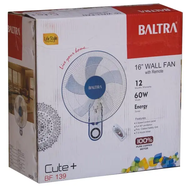 BALTRA Bf-139 Cute+ 3 Speed 16" Wall Fan With Remote - (White/Blue)