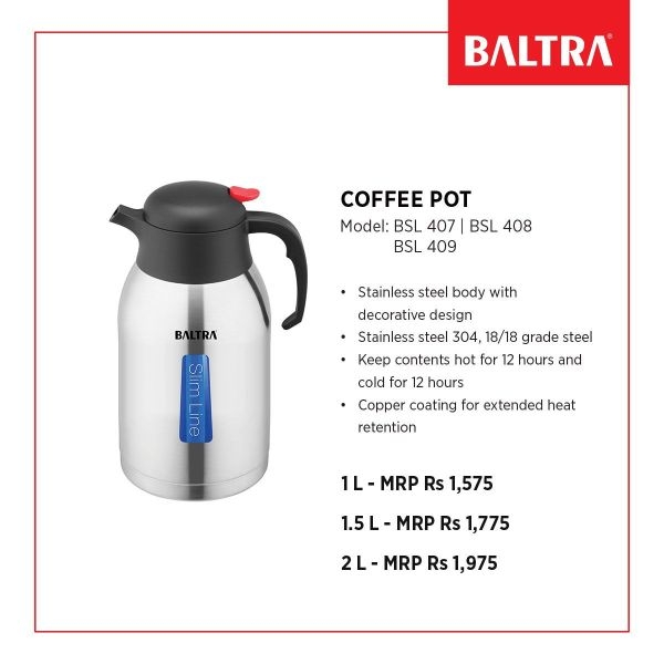 BALTRA Coffee Pot | BSL 409 | 2000 ML | SS finish body with decorative design | Keeps hot & cold for 12 hours | 18/8 food grade materials | Keep hot & cold for 12 hours | 12 Month Warranty - Image 2