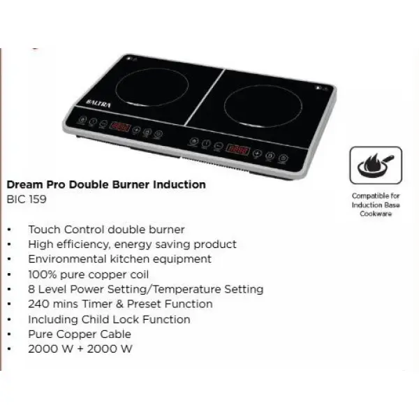 BALTRA Double Burner Induction | BIC 159 | Touch Control double burner | High efficiency, energy saving product | Environmental kitchen equipment | 100% pure copper coil | 8 Level Power Setting/Temperature Settings | 240 mins Timer & Preset Function - Image 2