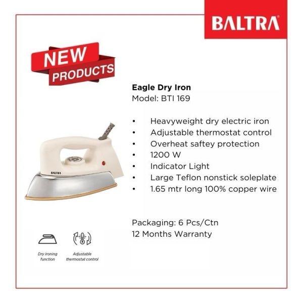 BALTRA Eagle Dry Iron 1200W (BTI 169) | Heavyweight Electric Iron with Teflon Soleplate - Image 3