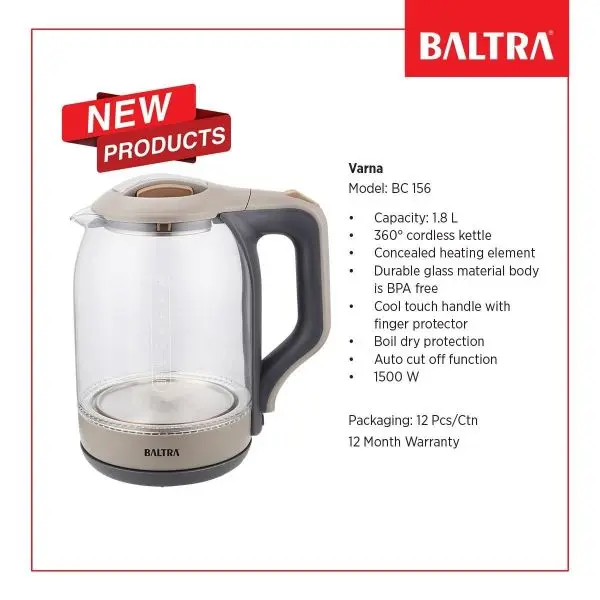 BALTRA Electric Cordless Kettle With Led Lighting Borosilicate Glass Body 1.8L Varna - Image 2