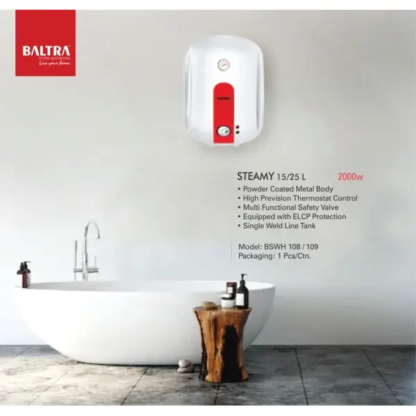 BALTRA Electric Geyser | 25L | Steamy | Rated current: 8.7 A | ABS Body with ELCB protection | High precision thermostat control | Multi functional safety valve | 2000 W | 24 Months Warranty on Product |60 Months Warranty on Tank - Image 2