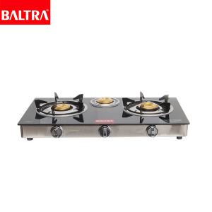 BALTRA Glass Body 3 Burner Gas Stove | Grand 3 | Imported heat proof toughened glass top | High fuel efficiency brass burner | SS drip tray and metal knob | Heavy pan support | 360° nozzle | 12 months warranty